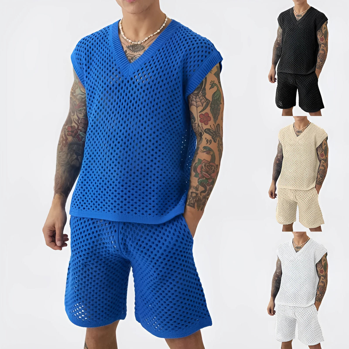 Men's blue V-neck vest with matching shorts sports suit