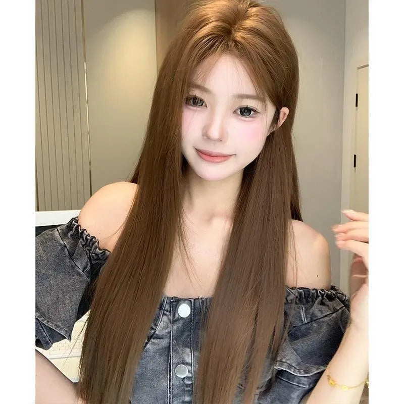 Warm brown lace front wig with centre-parted bangs and long straight hair