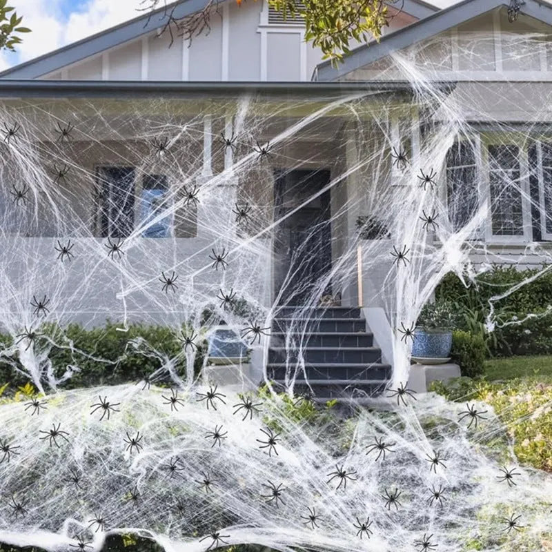 White cotton spider web Halloween decorations with spiders in various package size options