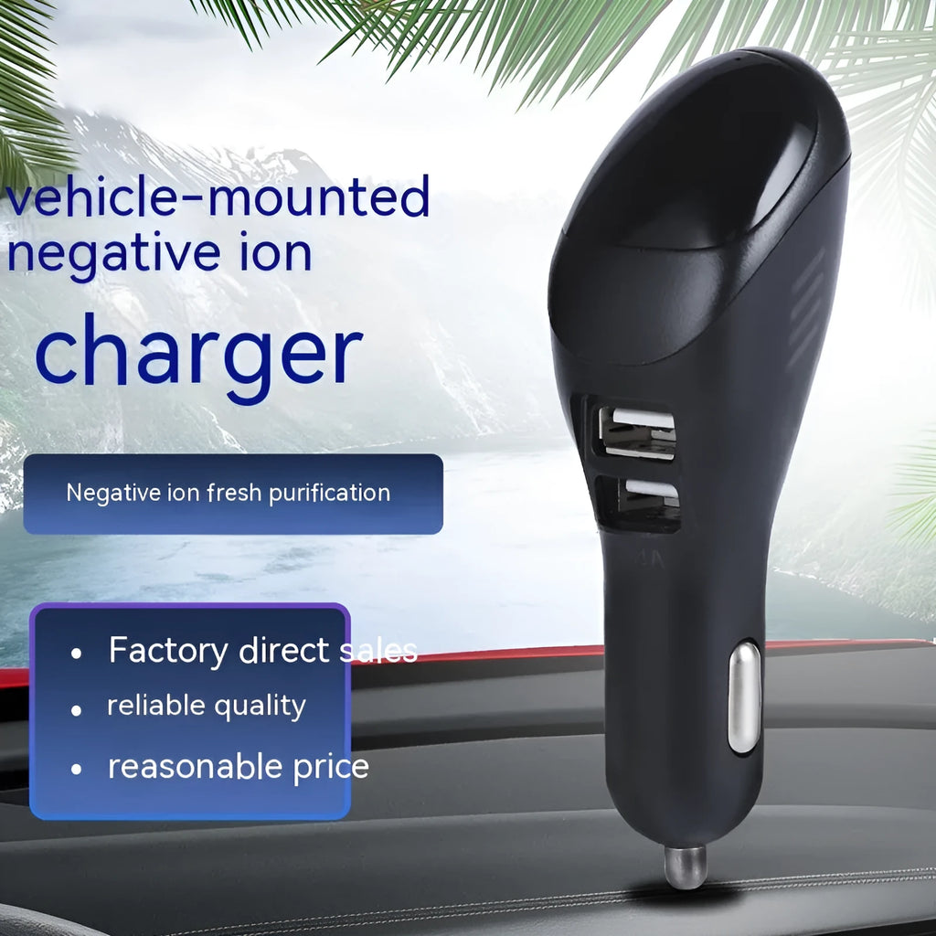 White car USB cellphone charger negative ion purifier with ABS PC body measuring 103x33x32mm