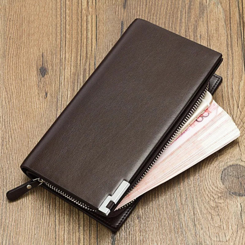Men's black PU leather zipper wallet showing 7 card slots and cash compartment with waterproof construction