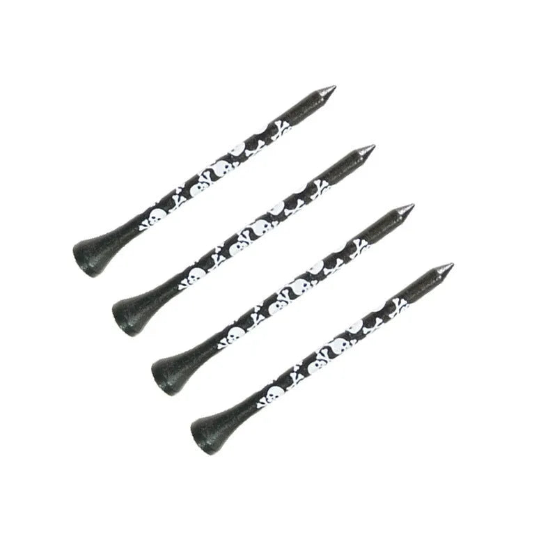Ten bamboo golf spike dowel pins with black skull print, showing 70mm and 83mm length options.
