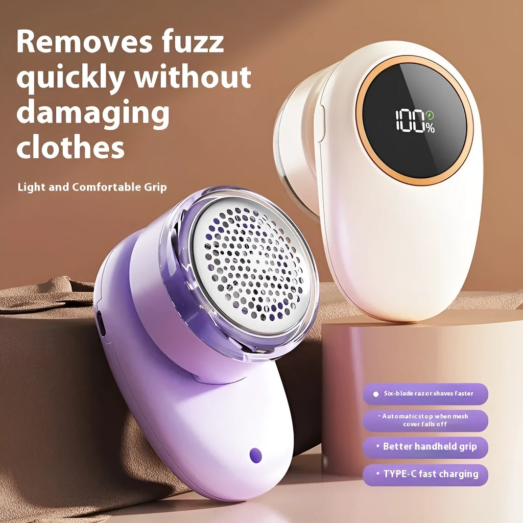 Purple and beige rechargeable fur ball trimmer with digital display and multiple cutter head options.