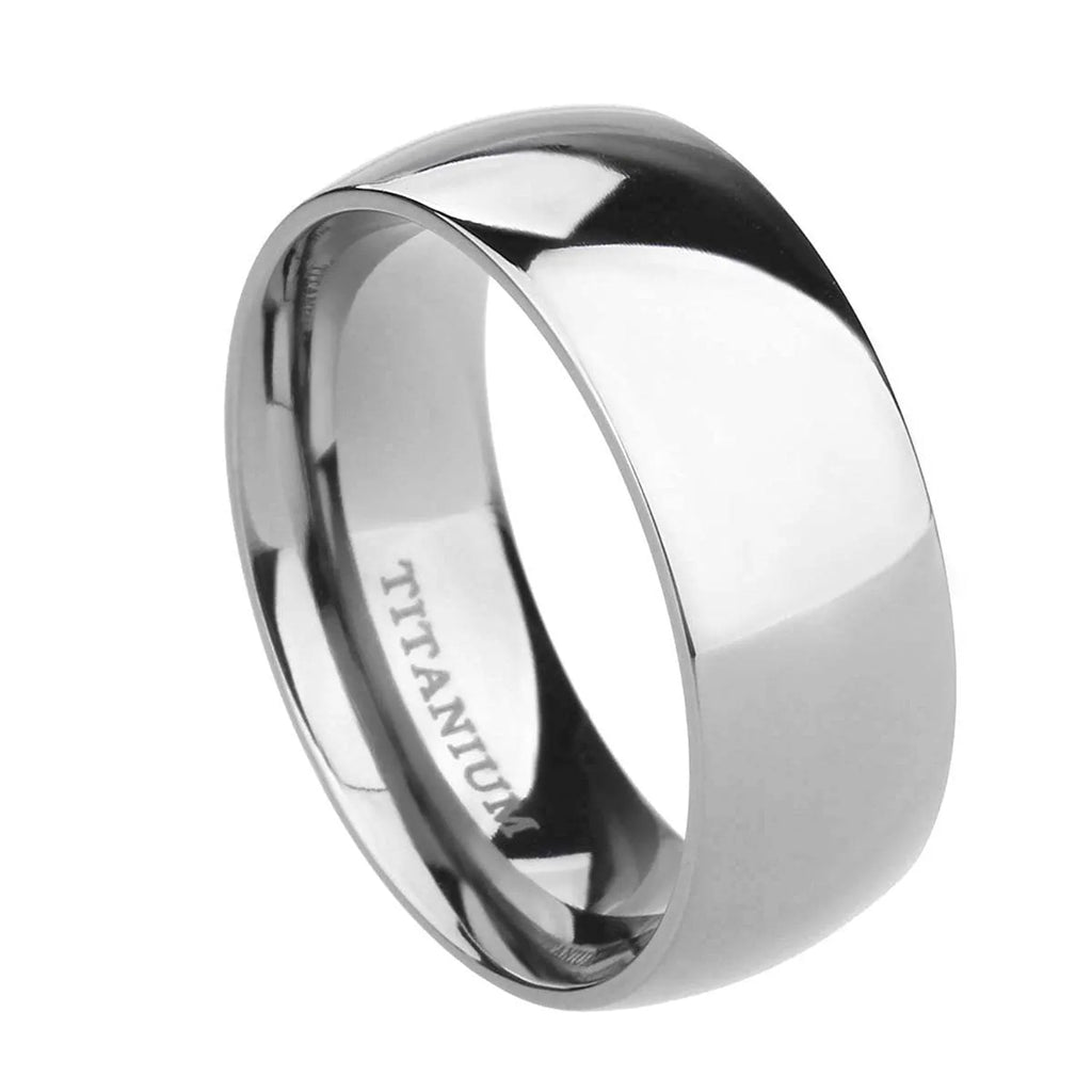 Polished silver titanium steel unisex ring showing 2mm 4mm 6mm width options with US sizing