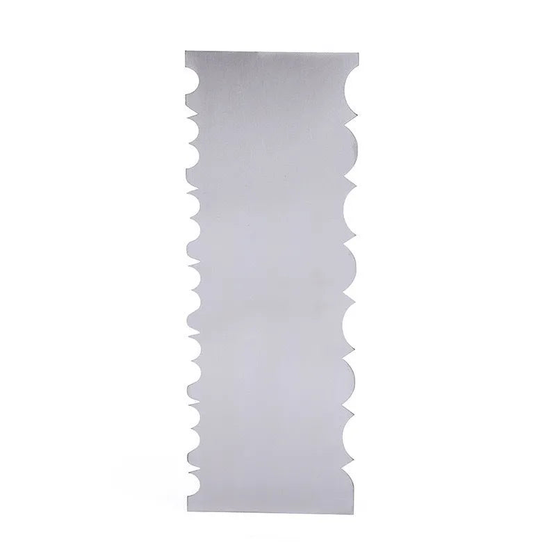 Stainless steel cream scraper showing six geometric edge patterns for cake decorating