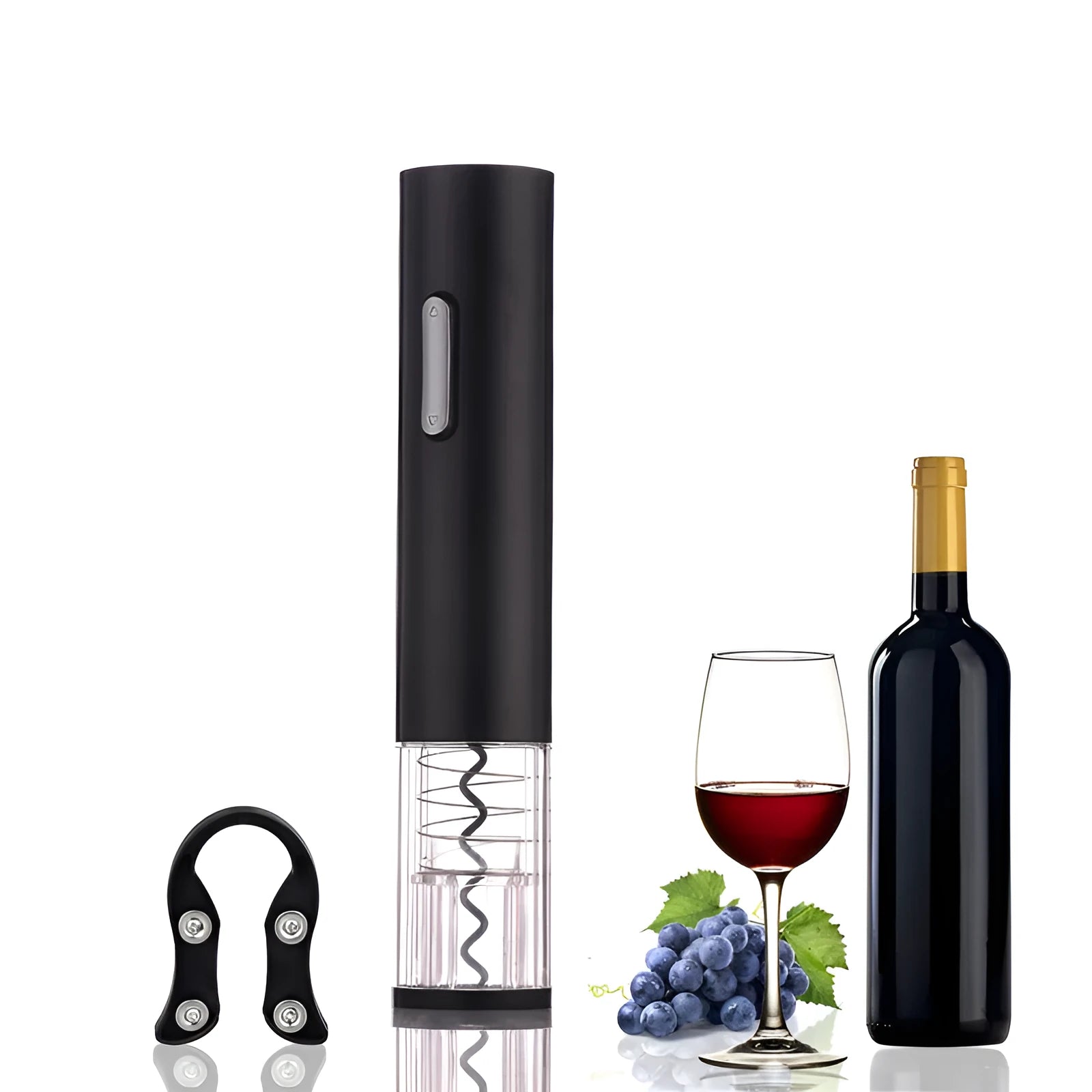 Black automatic electric wine opener kit with foil cutter and transparent body section