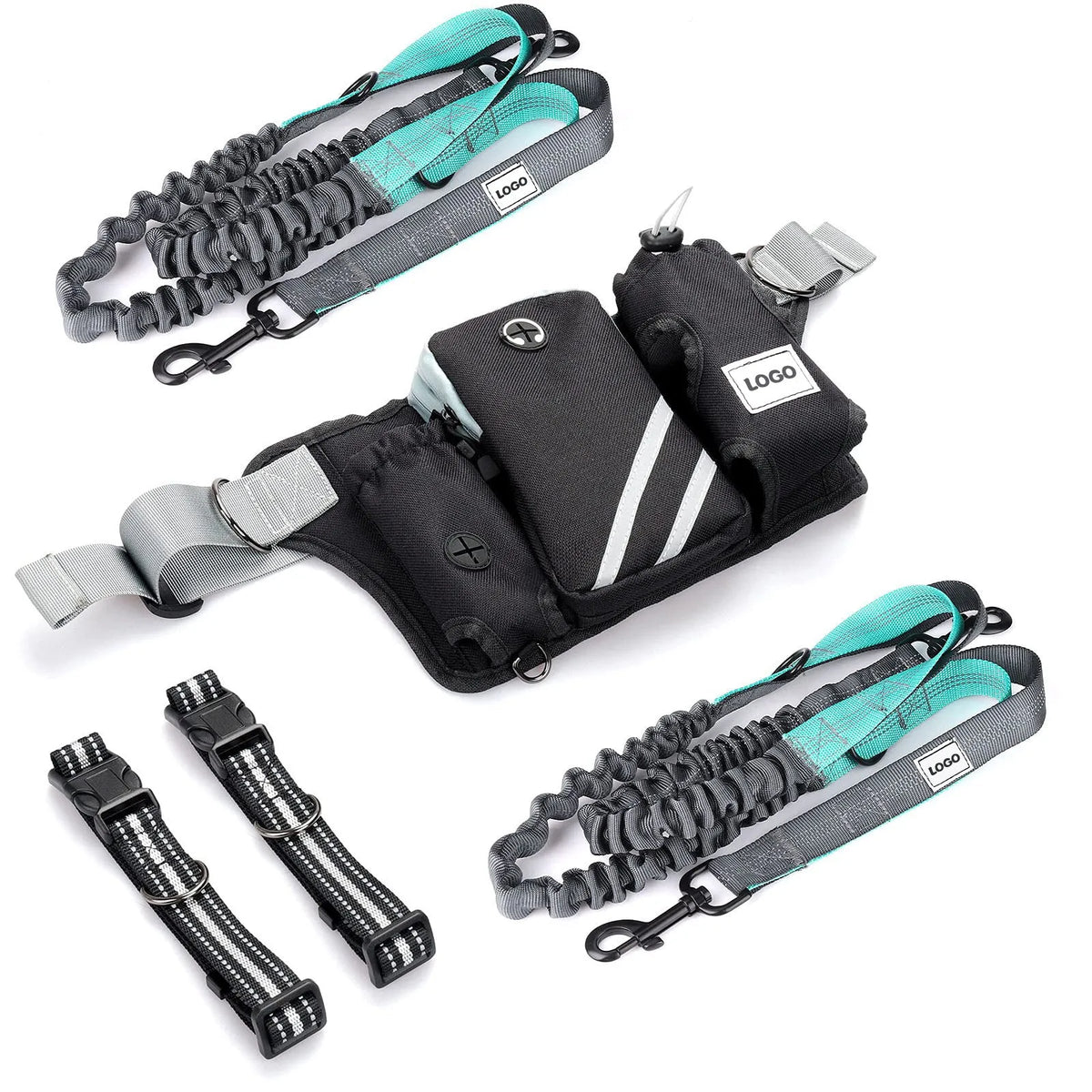 Black nylon dog walking waist bag set with leash and collar for hands-free outdoor training