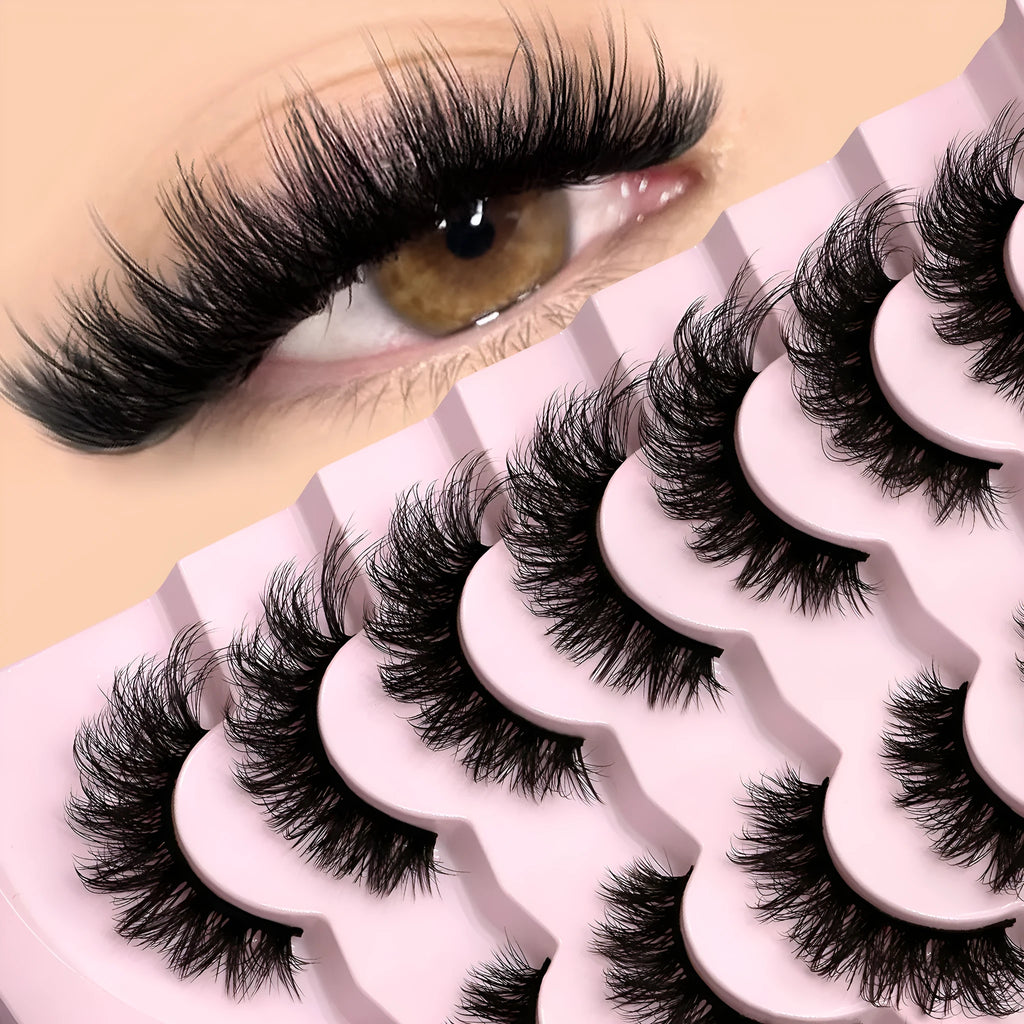 Box of artificial fibre false eyelashes with six style specifications and included glue applicator
