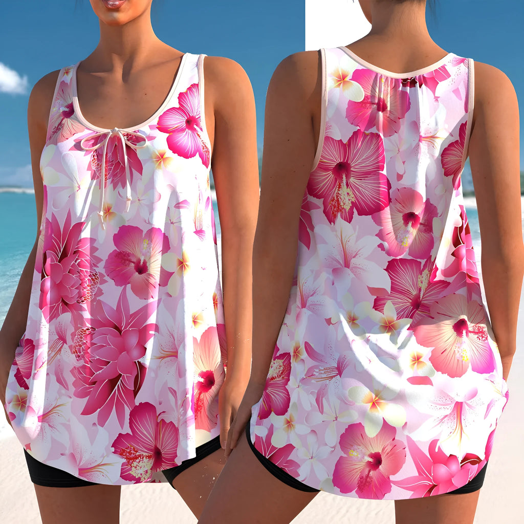 Pink printed tankini swimsuit with high-waist briefs for plus size women