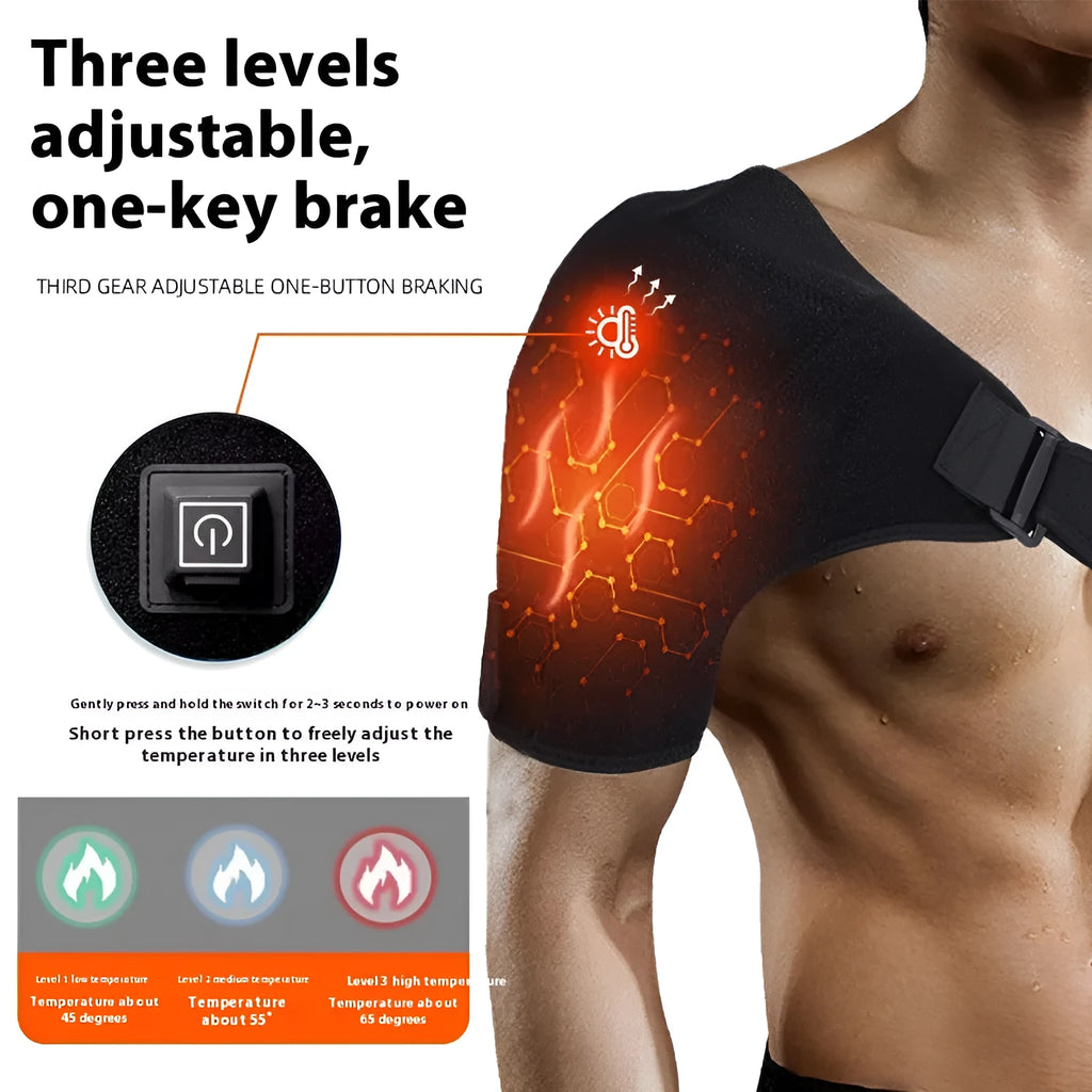Grey USB electric heating shoulder pad shown on a person's shoulders.