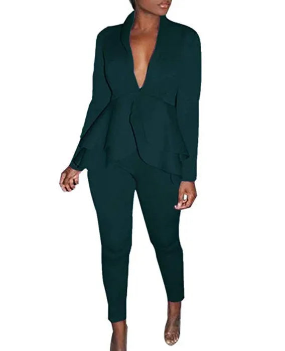 Women's ruffled top and pencil pants business uniform set in various colours