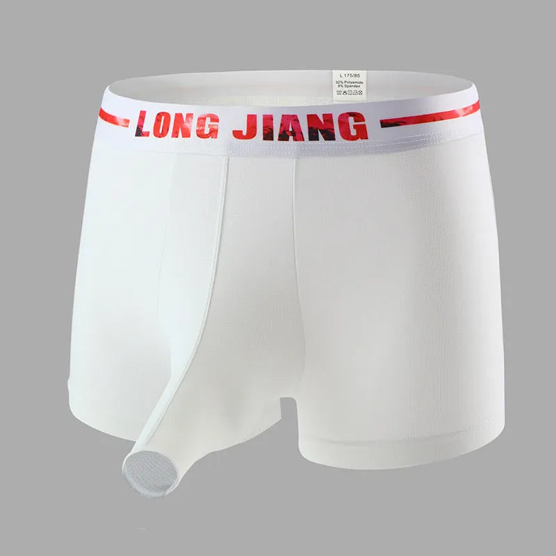 Men's ice silk trunk open boxers in grey blue, showing mid-waist and solid colour design.