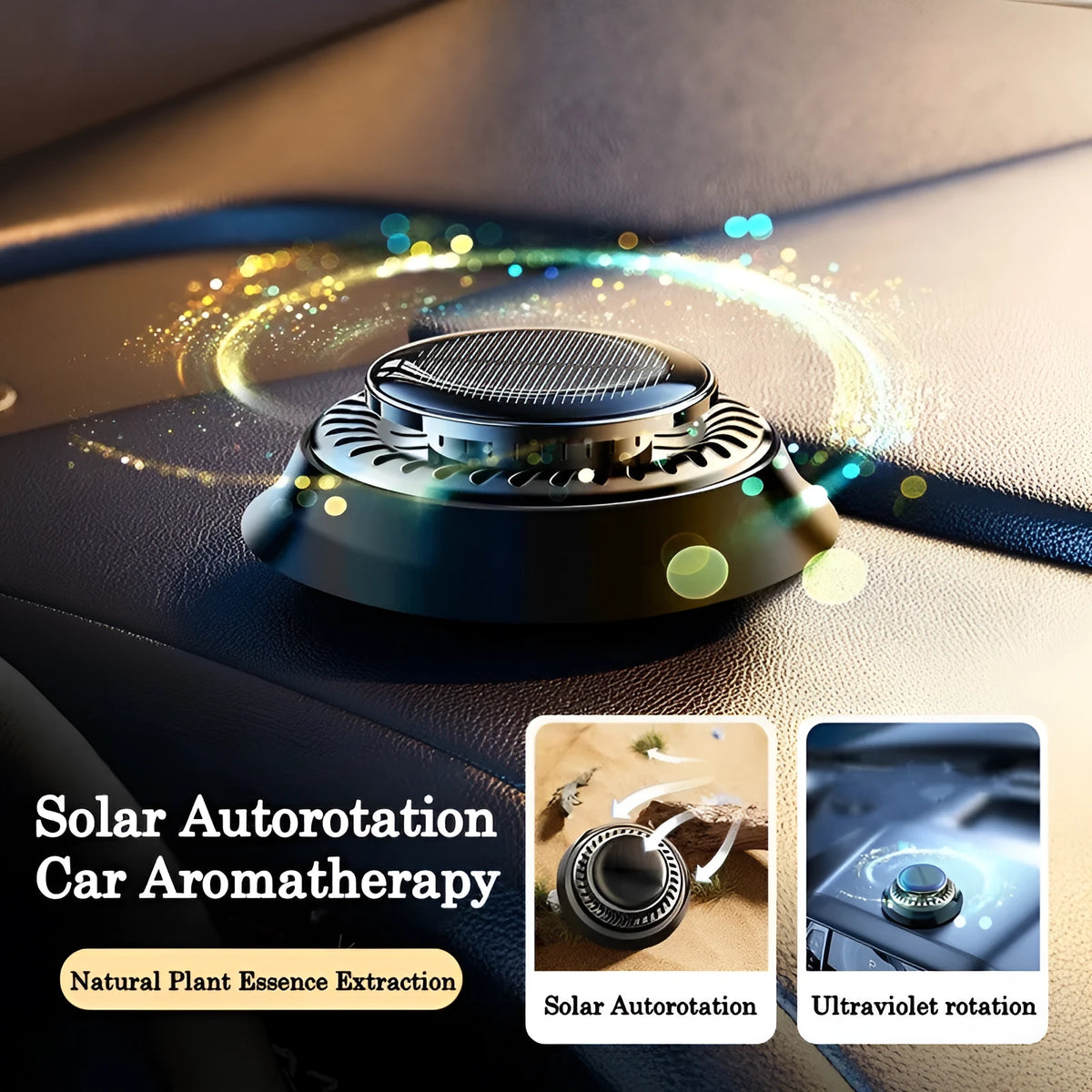 Solar powered kinetic car air freshener with rotating double rings on a black plastic base.