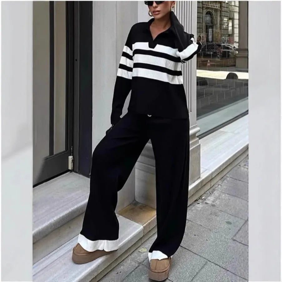 Women's black and white striped polo collar knitted two-piece set with trousers