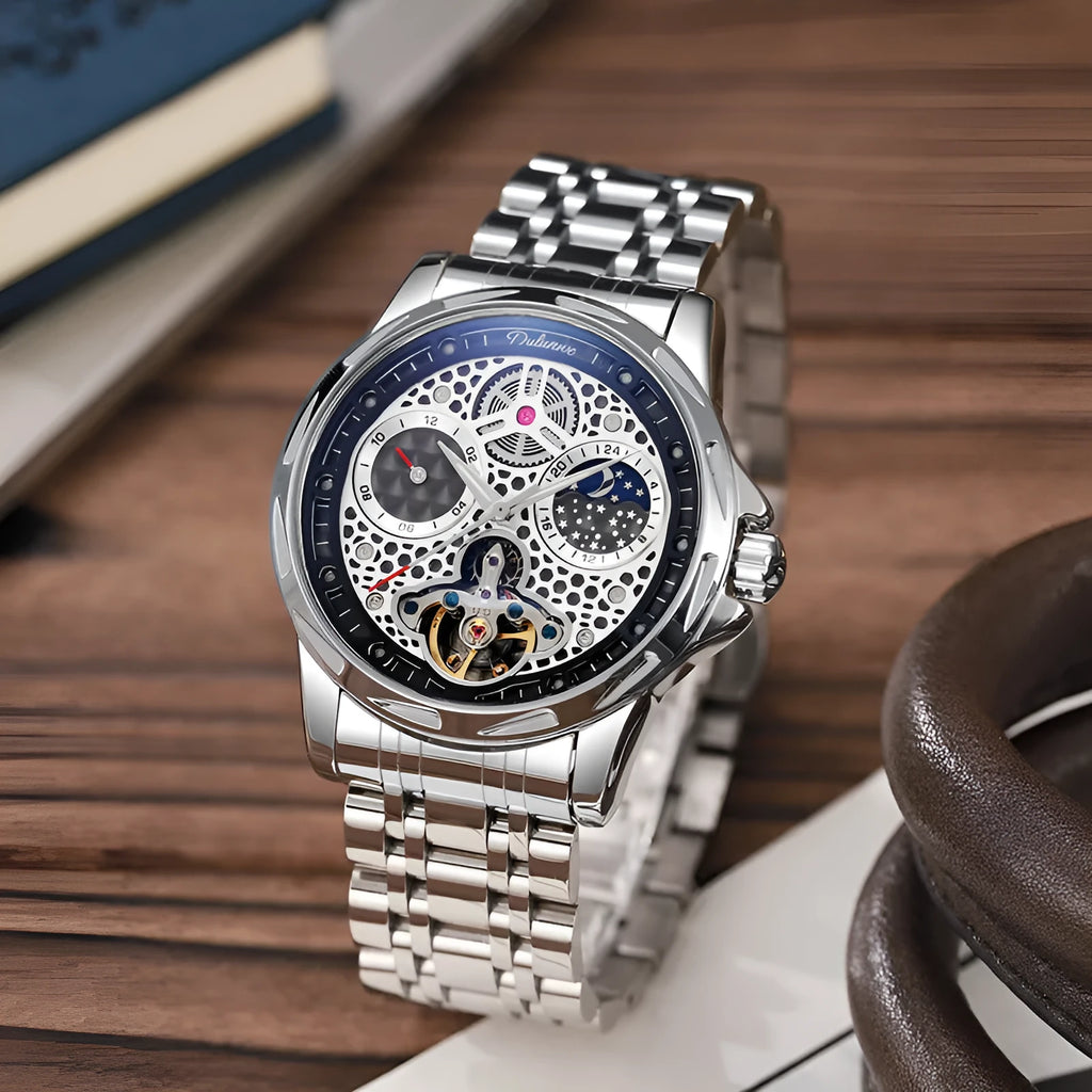 Men's business watch with luminous hands showing steel bracelet and leather strap options