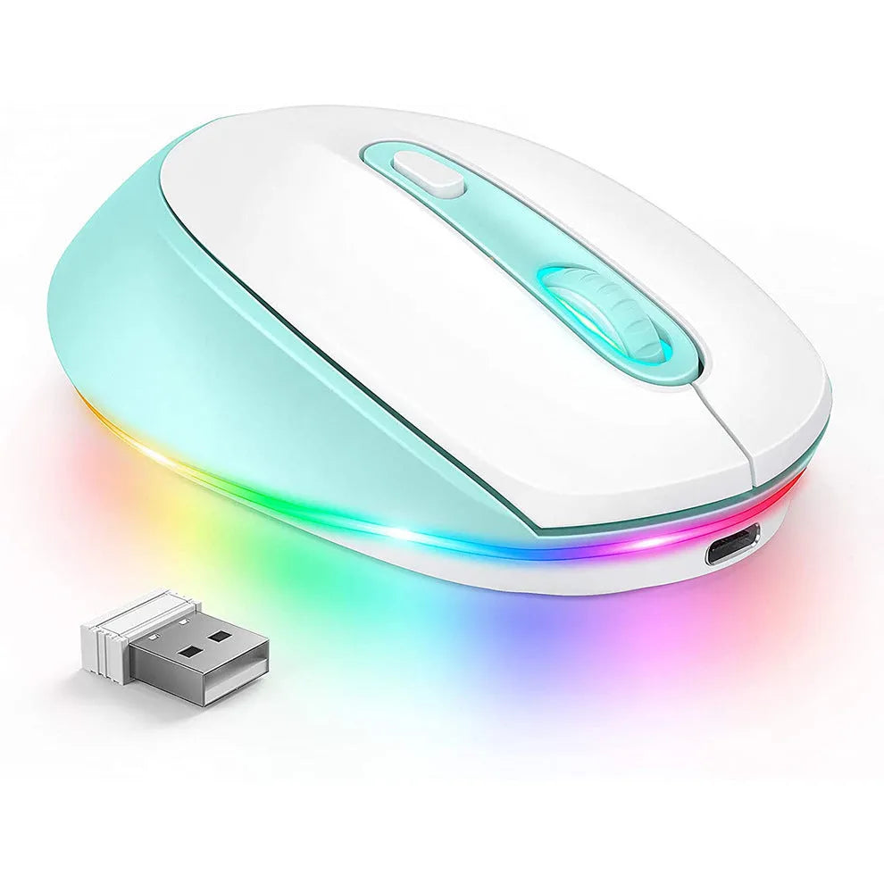 White rechargeable wireless mouse showing ergonomic design and compact size for laptop use