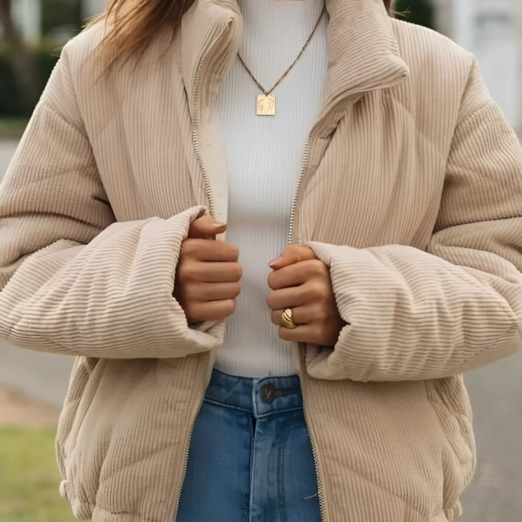 Women's apricot corduroy zip-up jacket with stand collar and street fashion styling