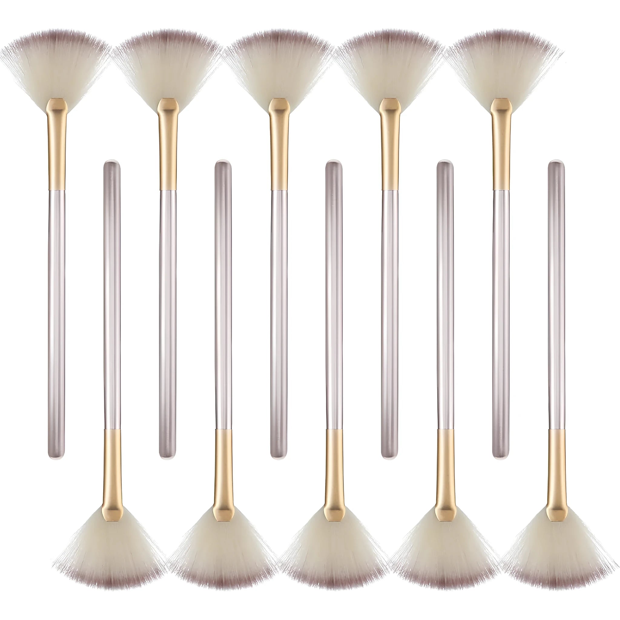 Ten champagne-coloured facial fan brushes with soft bristles and protective covers laid out.