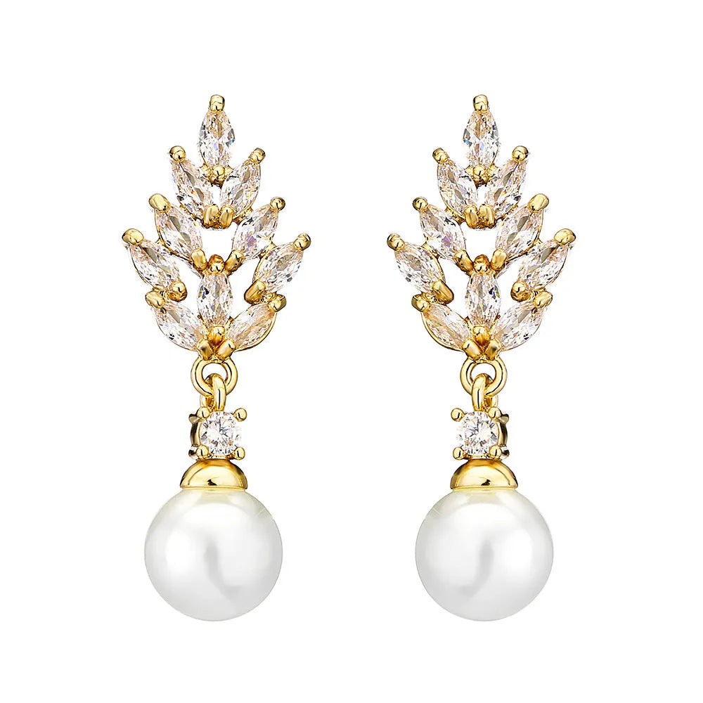 Geometric drop earrings with pearl and micro inlaid zircon, available in gold, platinum, and rose gold plating.