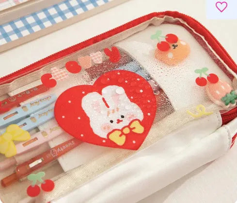 Japanese transparent heart-shaped pen bag in TPU material with rabbit design