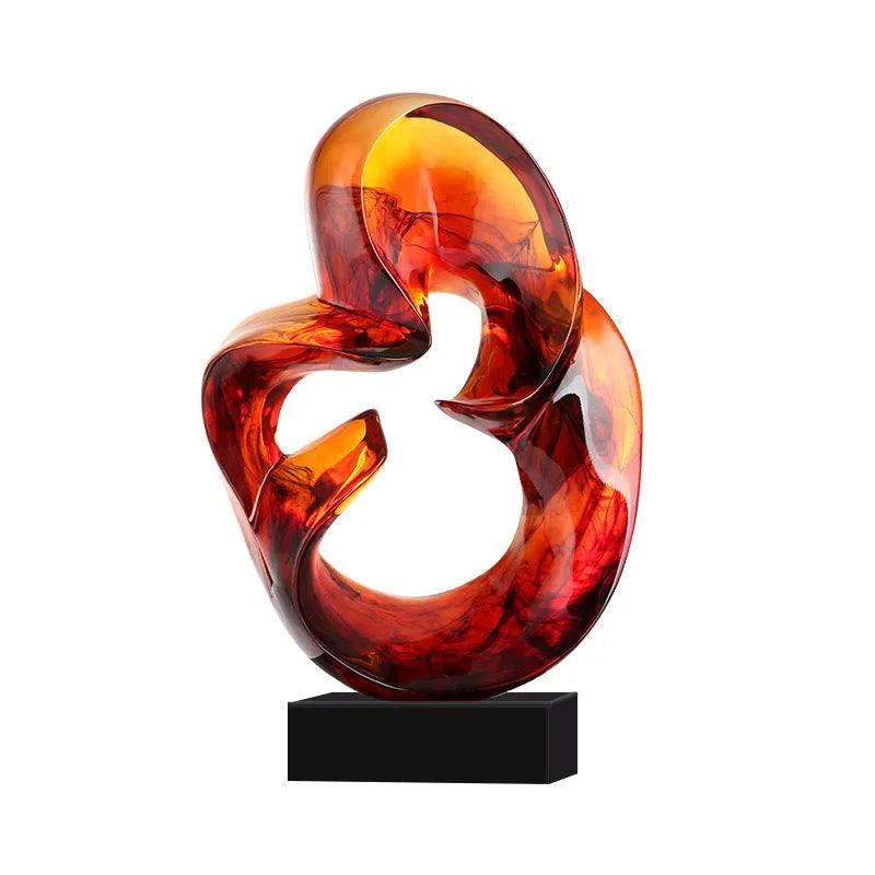 Transparent blue and orange red resin craft ornament sculpture with modern glass-like finish