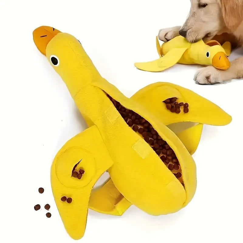 Yellow plush teddy dog toy with a duck squeaker and hidden treat pockets for training and chewing