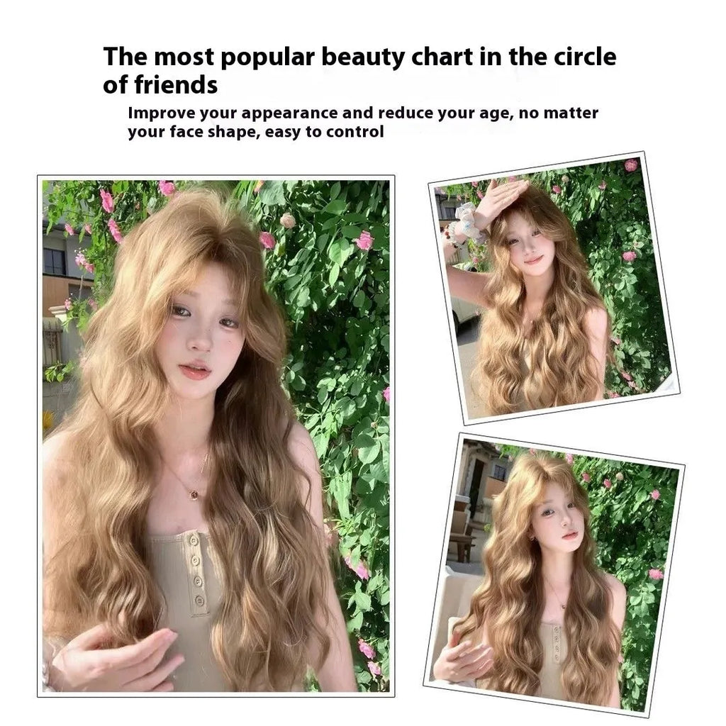 Linen brown medium-length curly synthetic wig on a display stand.