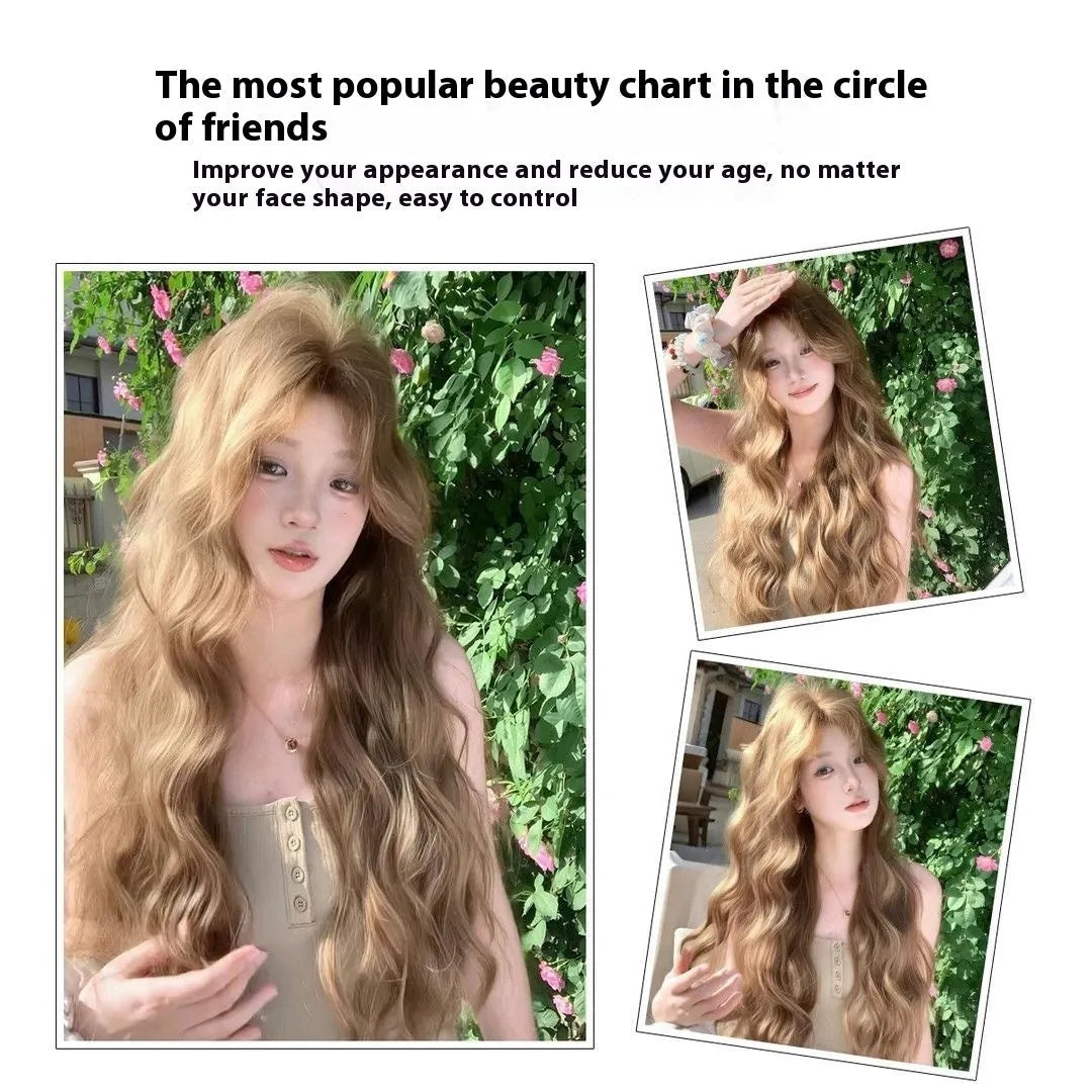 Linen brown medium-length curly synthetic wig on a display stand.