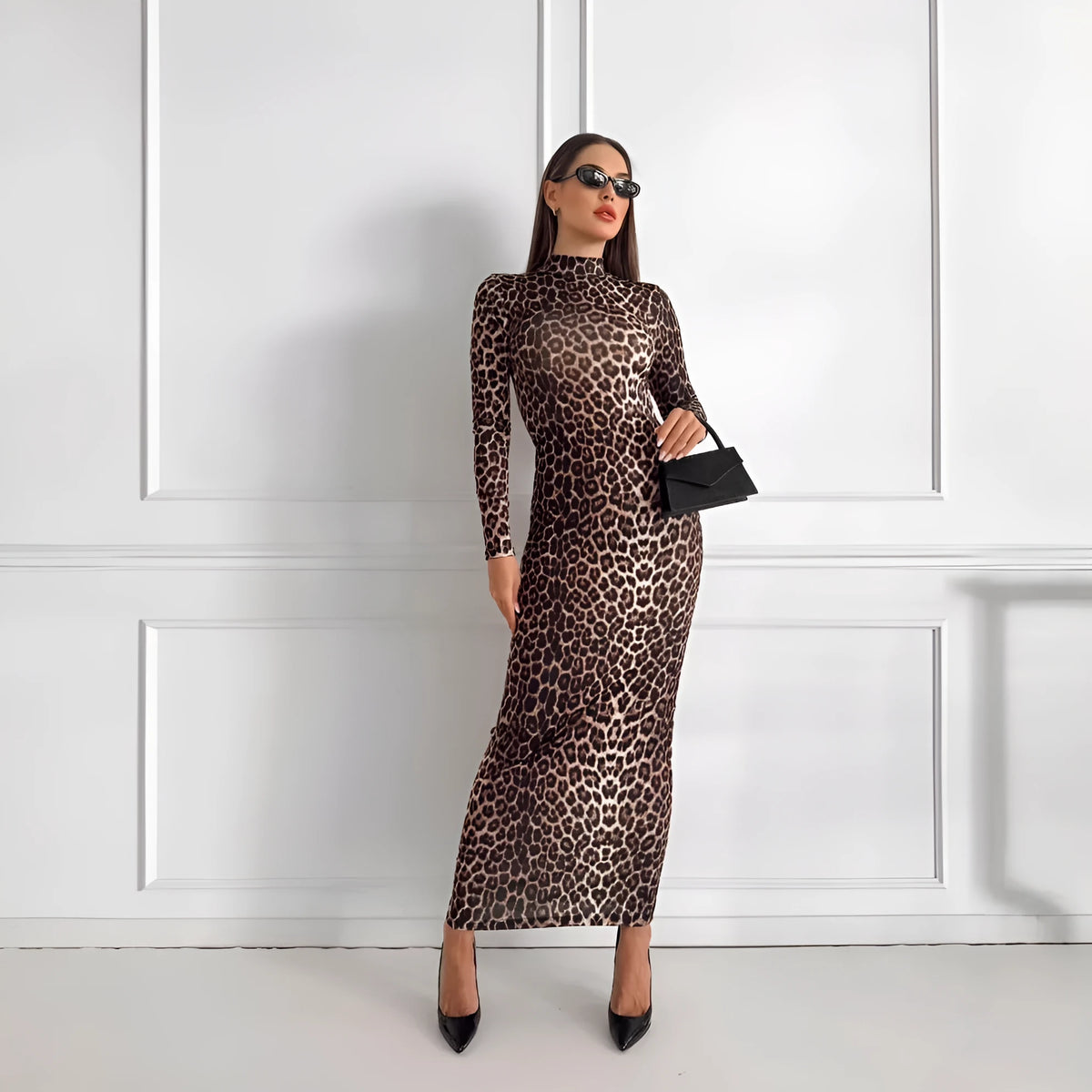 Leopard print long sleeve dress with stand collar and high waist design