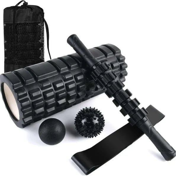Six black foam roller massage bars showing 33cm length and cylindrical shape