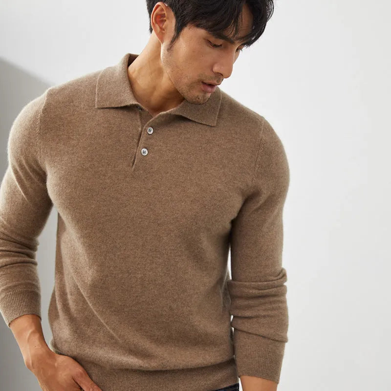 Men's cashmere polo collar pullover sweater in loose fit on mannequin