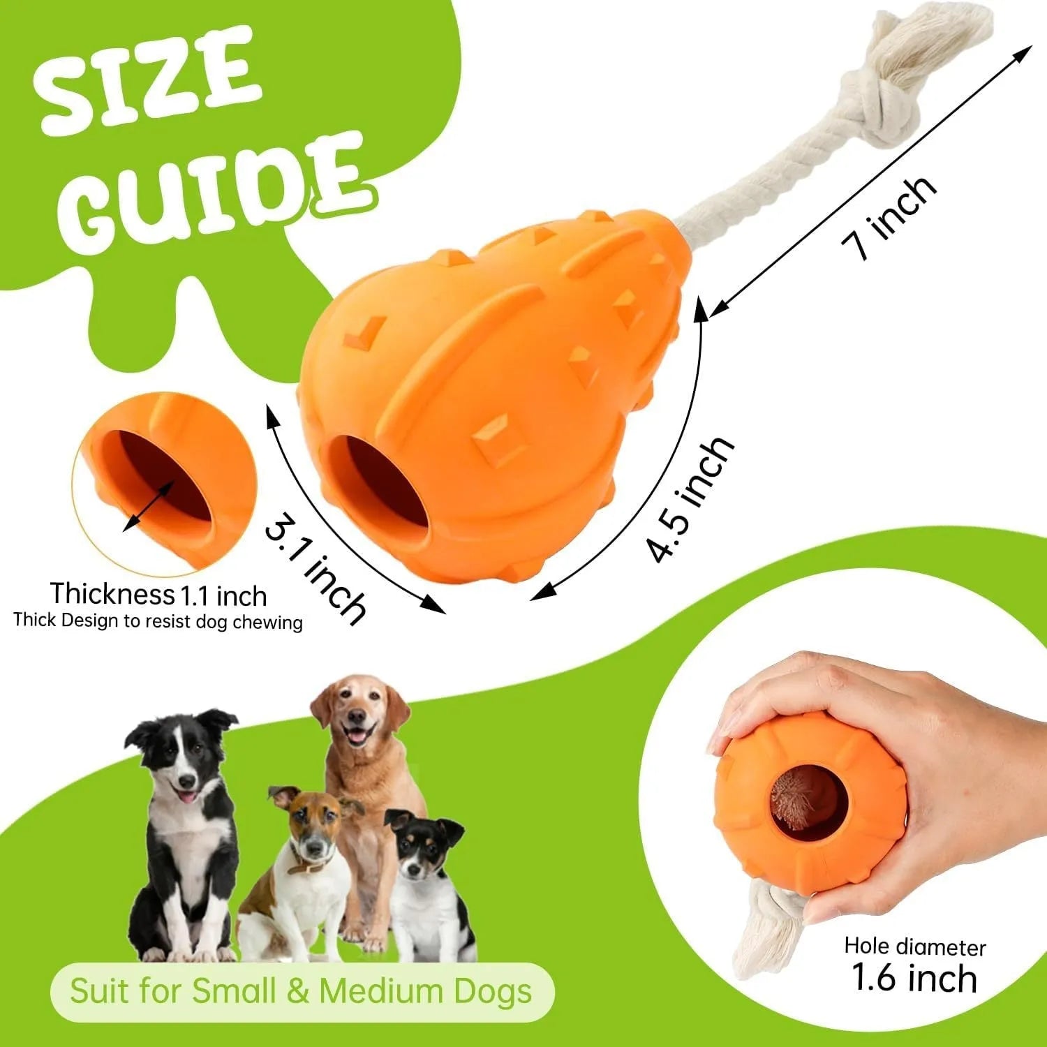 Natural rubber dog toy with longer strap, hollow treat-dispensing centre, for small medium breed dogs.