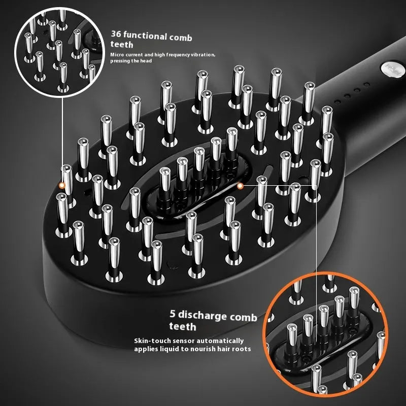 Black handheld scalp massager with LED illumination and vibration functions