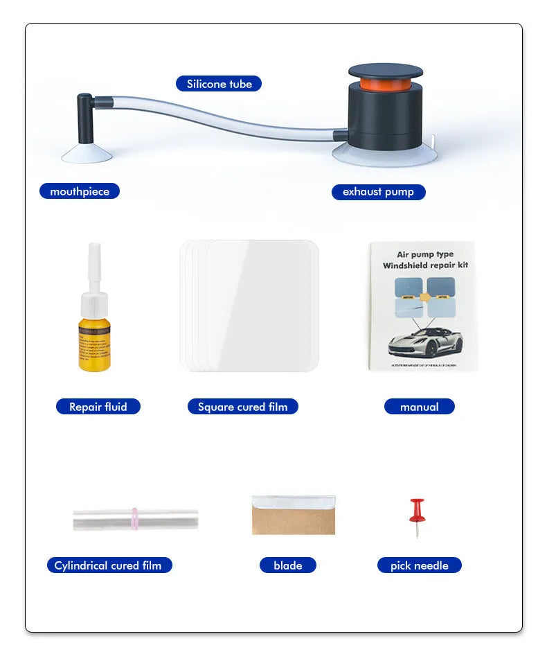 Plastic car windscreen crack repair tool and DIY stone chip repair kit on a flat surface.