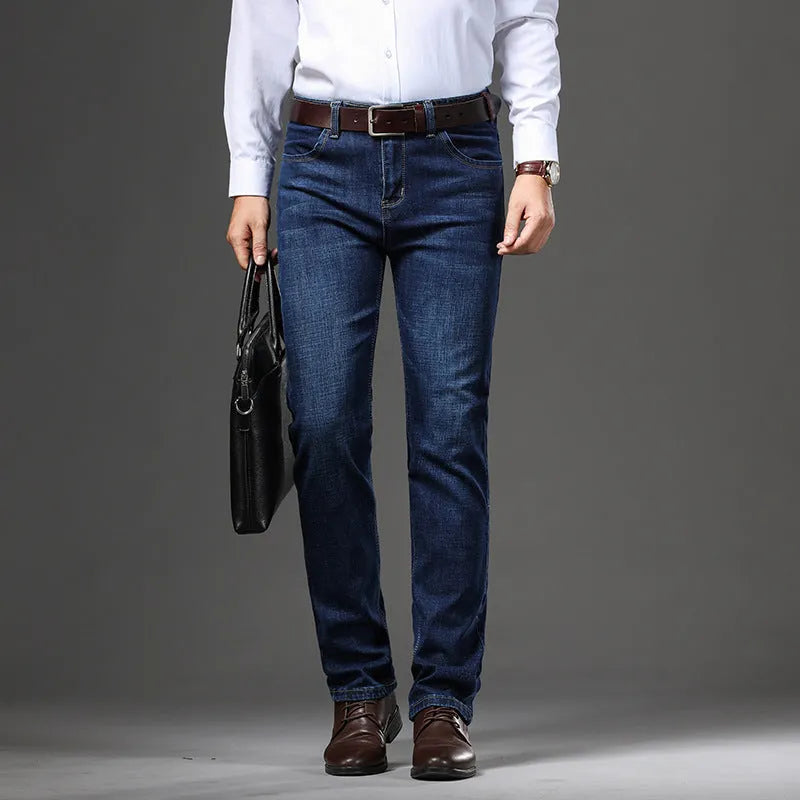 High-elasticity straight-leg denim jeans in black and blue colours showing business casual styling