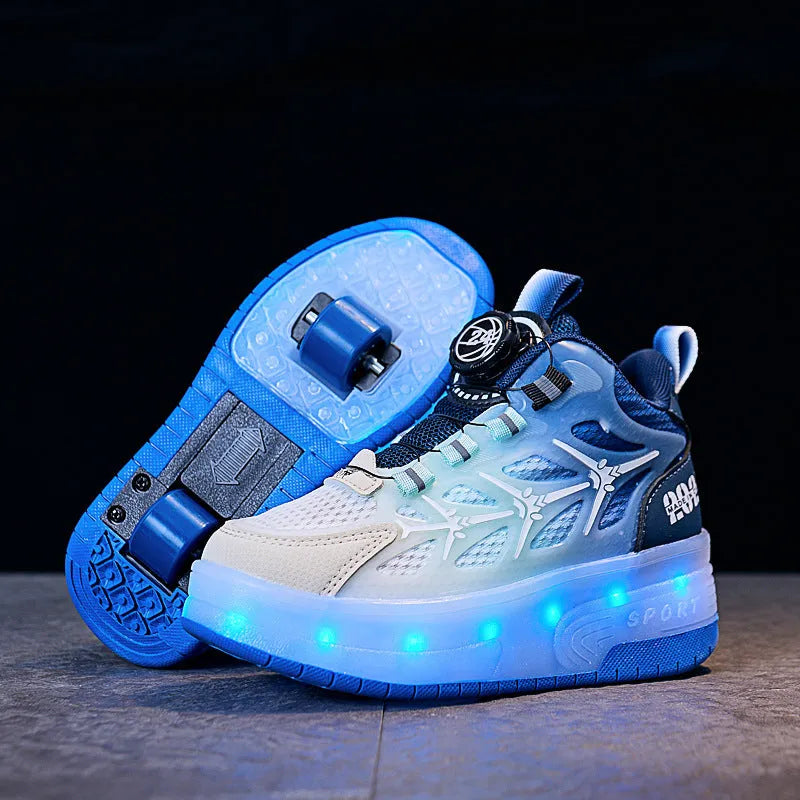 Children's blue knob roller skating shoes with striped pattern and twist-button fastening system