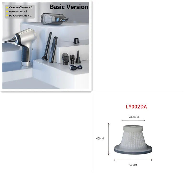 Handheld car vacuum cleaner with brushless motor and inflatable nozzle attachment on grey background