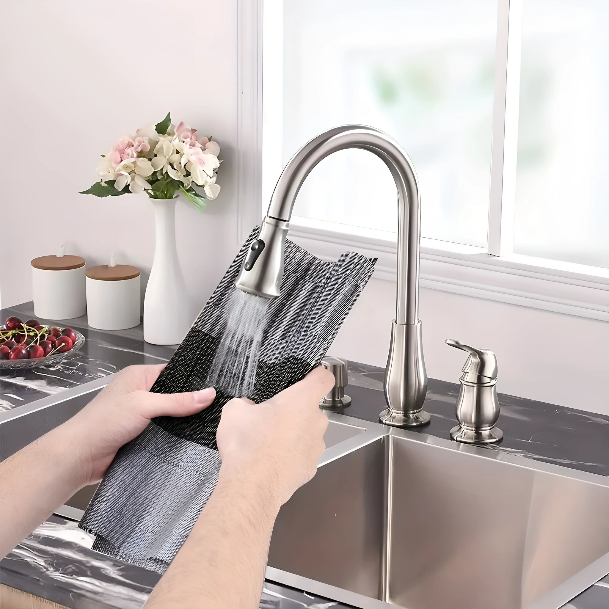 Modern PVC non-slip dish mat in gradient bamboo pattern placed in a kitchen sink.