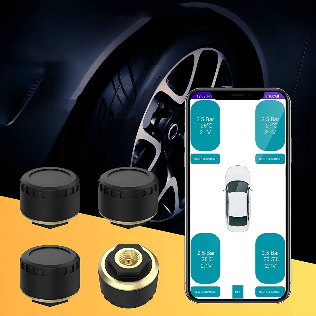 Bluetooth tyre pressure monitoring system with four black waterproof sensors for car truck use