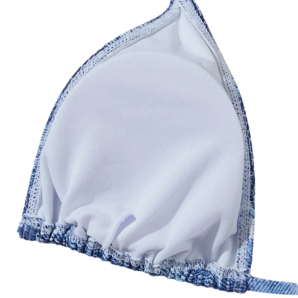 Women's denim blue printed bikini set with strap design and nylon-spandex fabric