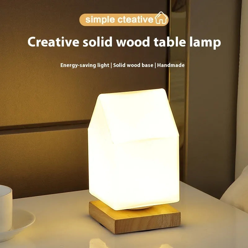 Nordic solid wood USB table lamp showing touch dimming and available shape options including cube and cylinder designs.