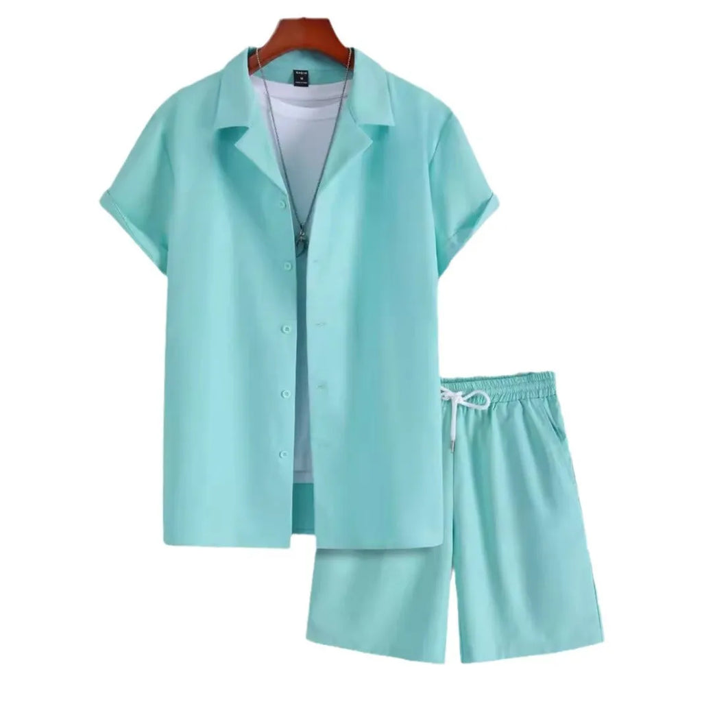 Men's light grey Cuban collar short sleeve shirt with matching shorts sport suit set