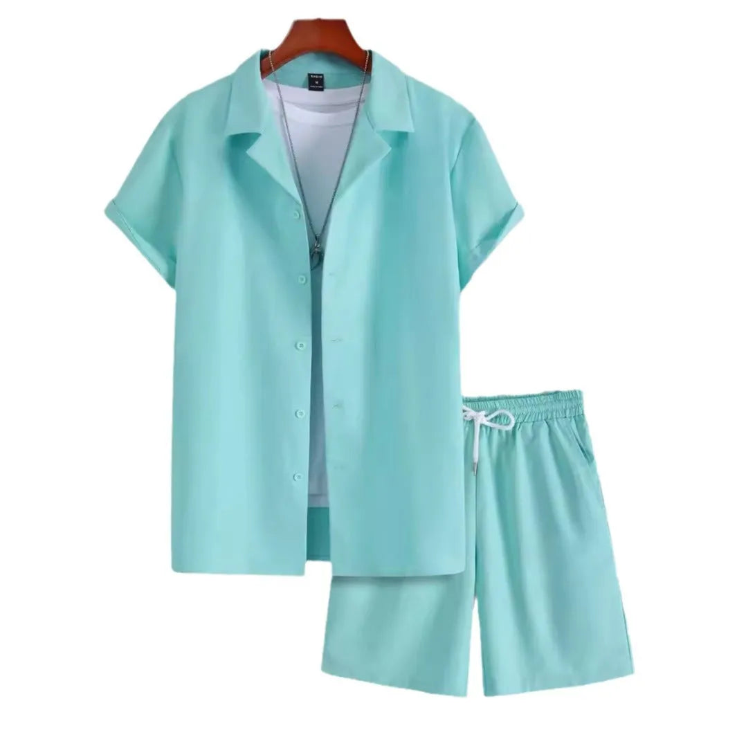 Men's light grey Cuban collar short sleeve shirt with matching shorts sport suit set