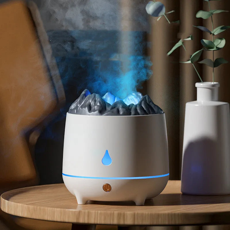 Volcano-shaped ultrasonic humidifier with USB cable on wooden surface