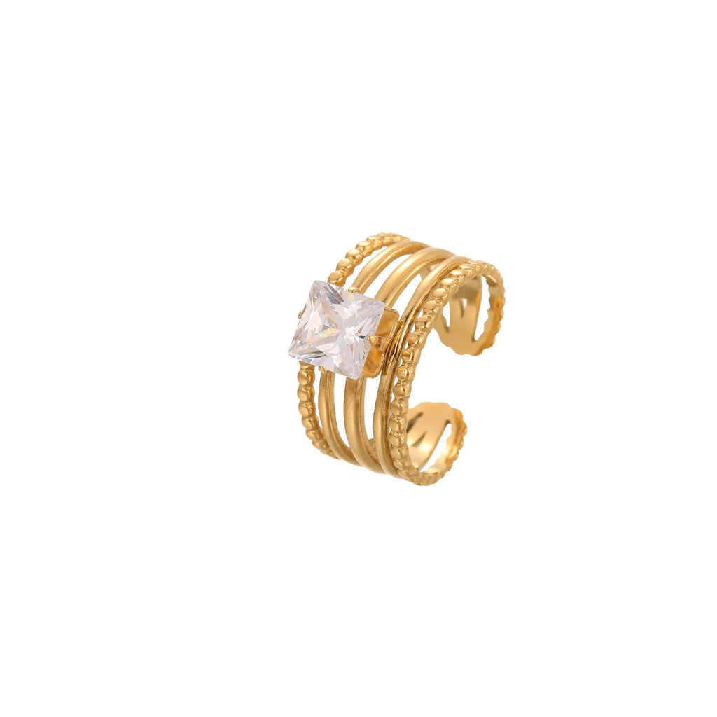 Geometric stainless steel open mouth ring with gold inlaid zircon detailing