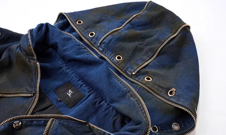 Blue Korean-style hooded denim vest coat with matching trousers, front zip closure