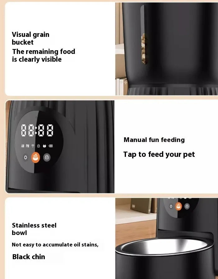Black automatic pet feeder with display screen and food dispensing bowl for dogs and cats