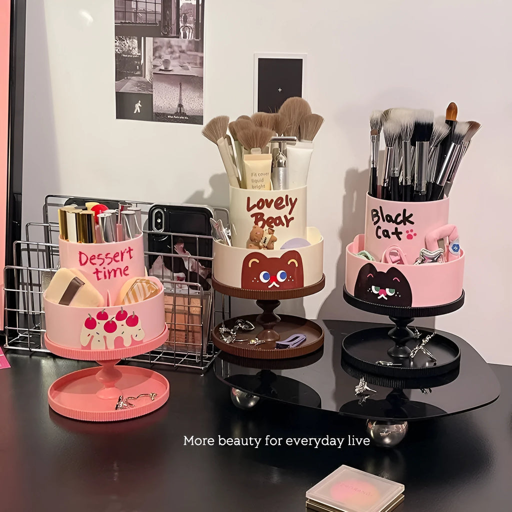 Cosmetic brush storage barrel with rotating rack in Japanese style design