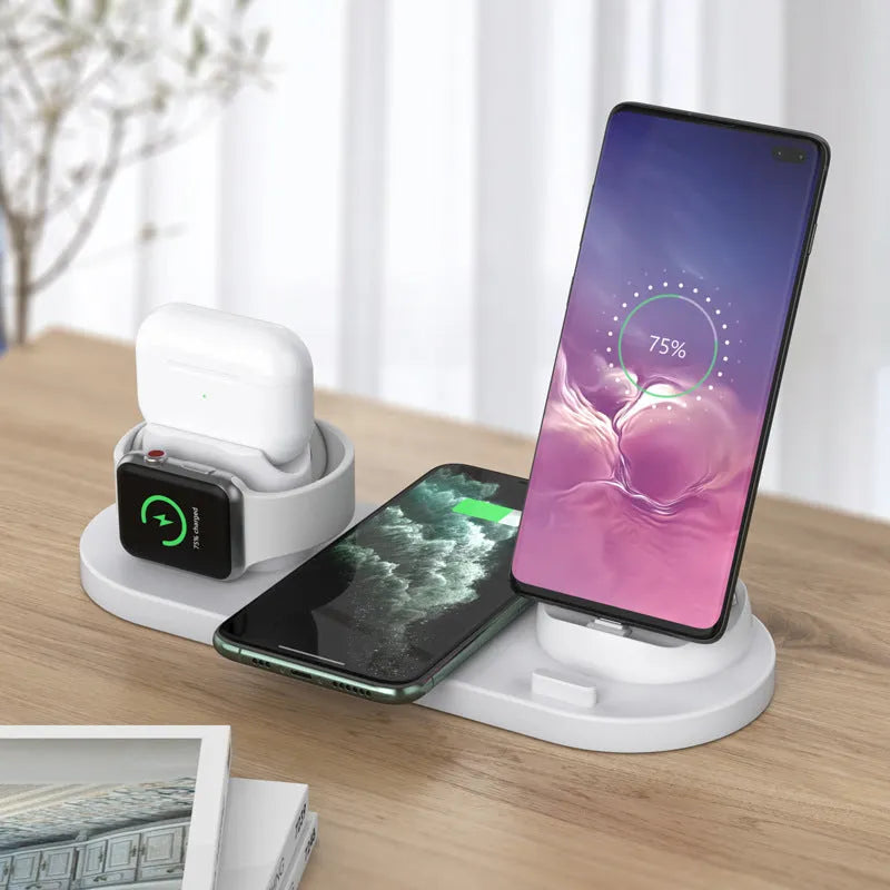 Black and white 6-in-1 wireless charging phone holder with AirPods and iWatch charging areas