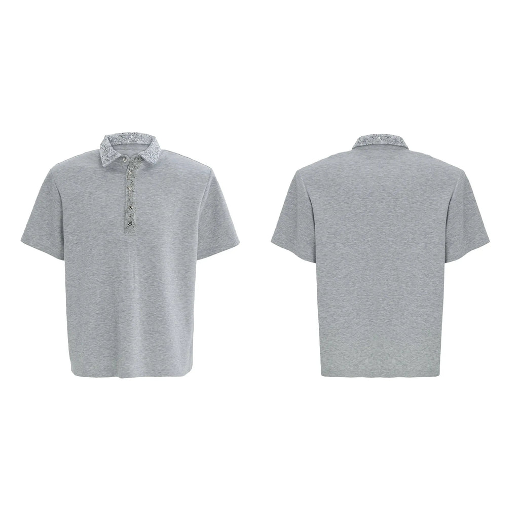 Men's black loose fit polo shirt with embroidery sequins on the square collar.